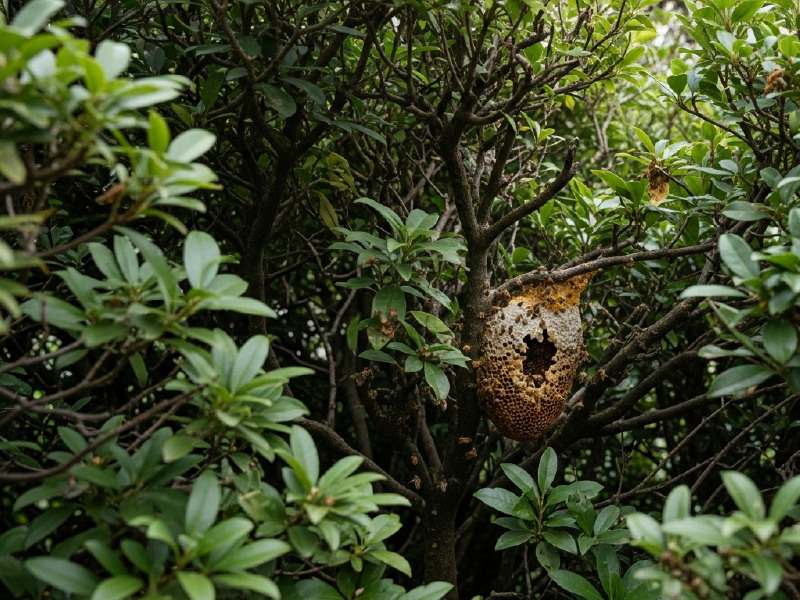 庭木の塊にできたミツバチの巣