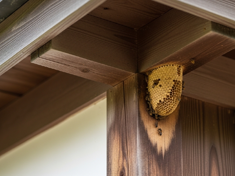 軒下の端にできたミツバチの巣